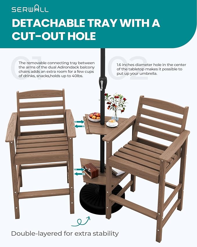 SERWALL Tall Adirondack Chairs Set of 2 with Connecting Table, Balcony Adirondack Chairs Set, Outdoor Bar Height Barstools Chair Set for Bistro, Poolside, Garden, Brown