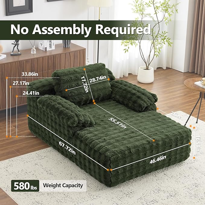 VINGLI 67.7" Oversized Chaise Lounge Chair Indoor Reading Chairs Comfy Bubble Fleece Upholstered Boneless Sofa Bed Sleeper Sofa Cloud Couches for Living Room, Bedroom, Play Room (Green)