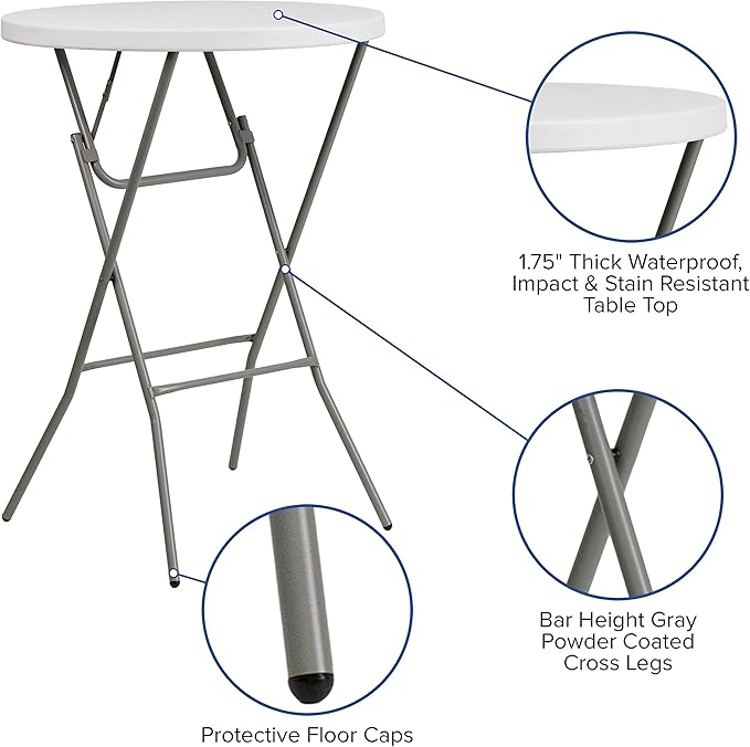 Flash Furniture Elon 2.6-Foot Round Granite White Plastic Bar Height Folding Tables, Set of 8
