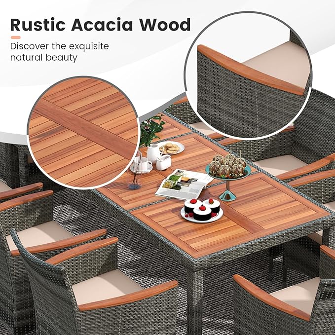 Tangkula 10 Pieces Patio Wicker Dining Set w/Double-Sided Patio Umbrella, Outdoor Acacia Wood Furniture Set w/ 8 Armchairs, 71” Dining Table & 15 ft Umbrella with Weighted Base (Gray)