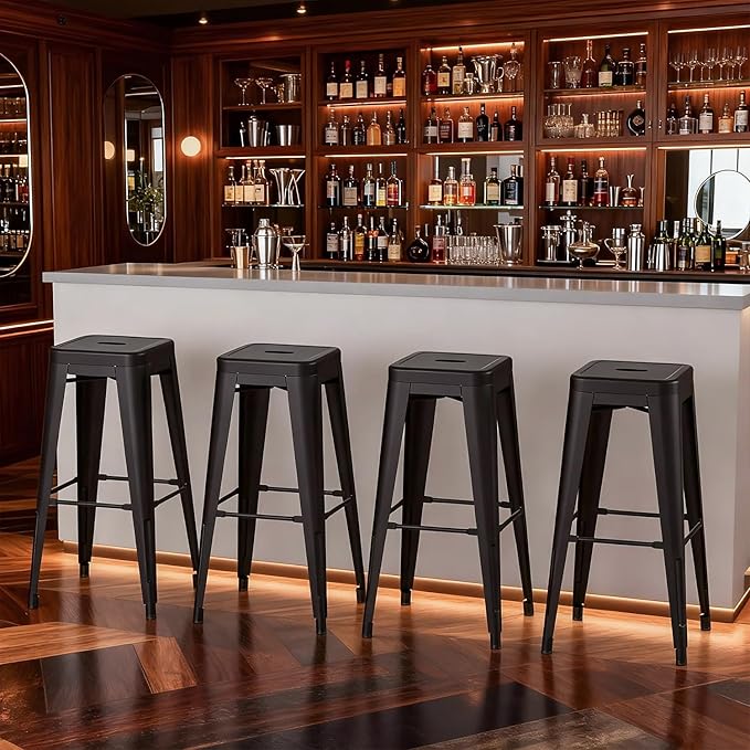 Stackable Metal Bar Stool Backless Indoor-Outdoor Counter Stools Fullmetal Dinning Chairs Set of 4 (Black, 30 Inch)