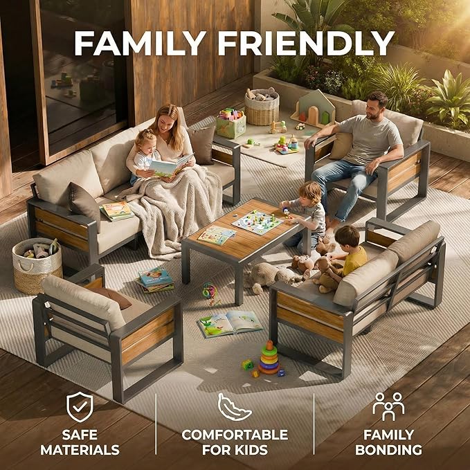 ZANDOR Aluminum Outdoor Patio Furniture Set, 5-Piece Metal Modern Outside Sectional Conversation Lawn Furniture with Coffee Table & Washable Thick Cushions,Seating Sofa for Garden/Backyard/Porch Grey