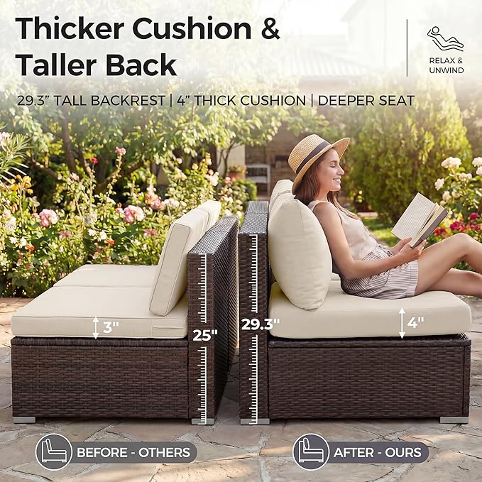 NICESOUL 7 Piece Outdoor Patio Sectional Furniture Set with Fire Pit Natural Gas/Propane, Large Size Comfortable Conversation Sets, 29.3'' High Back Deep Seat Sofa, Brown Rattan and Beige Cushion