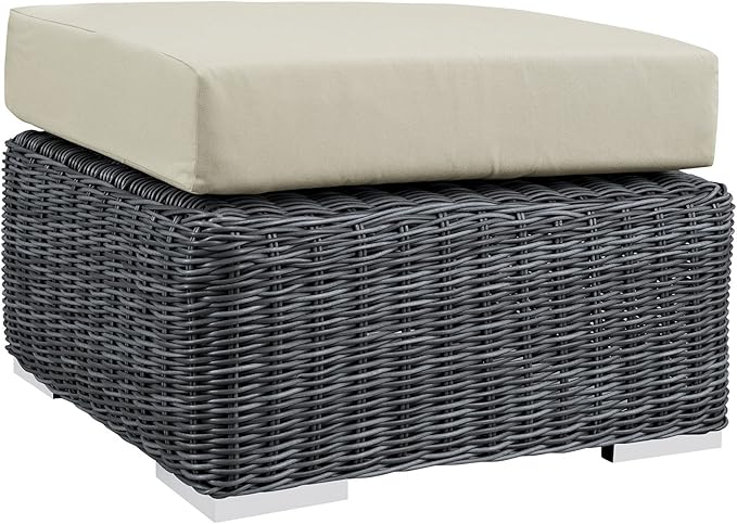 Modway Summon Wicker Rattan Outdoor Patio Sunbrella Square Ottoman in Canvas Antique Beige