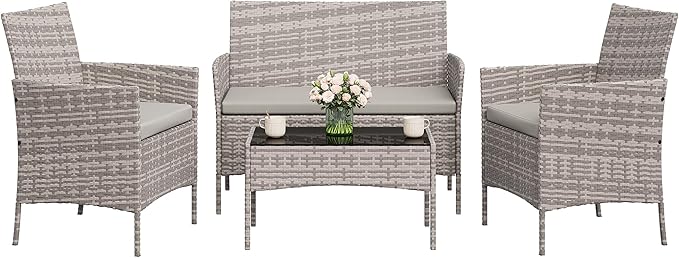 GAOMON 4-Piece Patio Furniture Set, Modern PE Rattan Conversation Set with 2 Chairs, Loveseat & Tempered Glass Coffee Table, All-Weather Outdoor Seating for Garden, Porch, Balcony, Poolside
