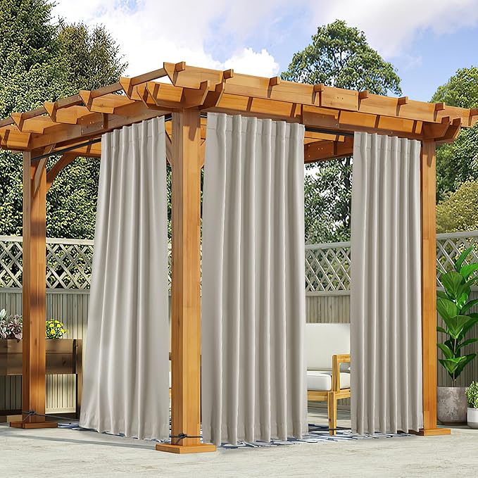 NICETOWN 2 Panels Natural Gazebo Curtains Outdoor Waterproof & Windproof, Top & Bottom Rod Pocket & Back Tab Windproof Privacy Outdoor Curtains Blackout Blinds with Fixed Rope for Patio, W52 x L95