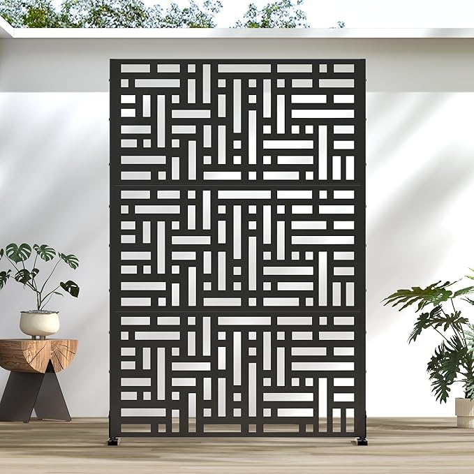 Casaphoria Metal Privacy Screen Outdoor, 72" H x 47" W Freestanding Decorative Privacy Screen for Patio Deck Balcony Garden with Stable Base, Black Helen