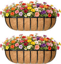 24 Inch Railing Planter Window Box Deck Balcony Rail Planter with Coco Liner Metal Wall-Mounted Coconut Liner Planter Basket English Horse Trough Planters for Outdoor Balcony Porch Fence (2 Pack)