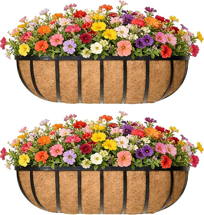 24 Inch Railing Planter Window Box Deck Balcony Rail Planter with Coco Liner Metal Wall-Mounted Coconut Liner Planter Basket English Horse Trough Planters for Outdoor Balcony Porch Fence (2 Pack)