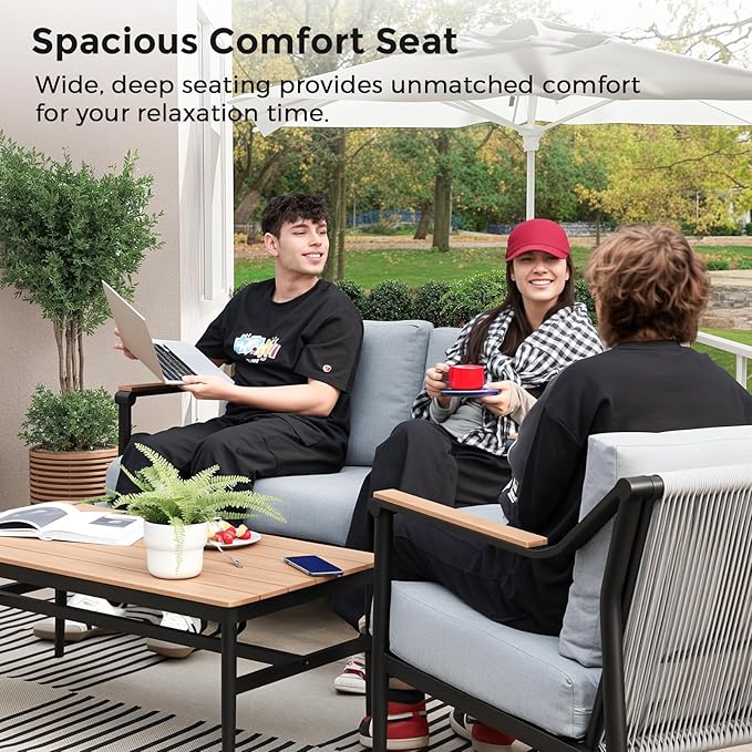 4 Pieces Outdoor Sofa Conversation Set, 4 Seats Couch Set with Table, Metal Frame Rope Weaving Design UV Resistance Waterproof for Patio Garden Balcony, Grey