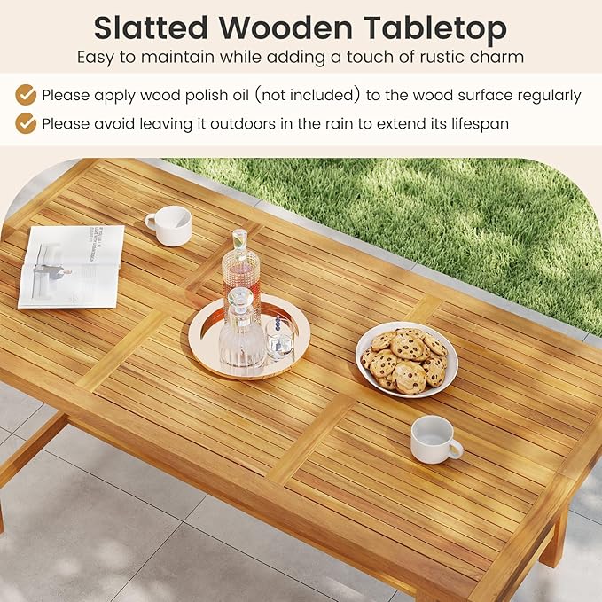 Tangkula 3 Piece Patio Dining Set for 4 People, 63” Outdoor Acacia Wood Rectangular Table with 1.97” Umbrealla Hole & 2 Cushioned Bench, for Deck Yard and Poolside