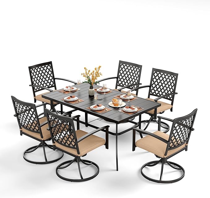 PHI VILLA 7 Pieces Outdoor Dining Set for 6, 59" Rectangle Metal Steel Table with Umbrella Hole & Swivel Wrought Iron Chairs with Cushions, Outside Furniture Set for Patio, Deck, Yard, Porch