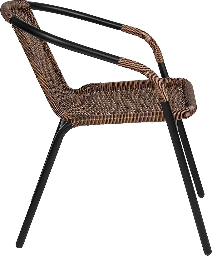 EMMA + OLIVER Set of 2 Modern Rattan Indoor/Outdoor Stack Chairs, Stacking Rattan Patio Chairs with Curved Back and Cross Bracing, Brown