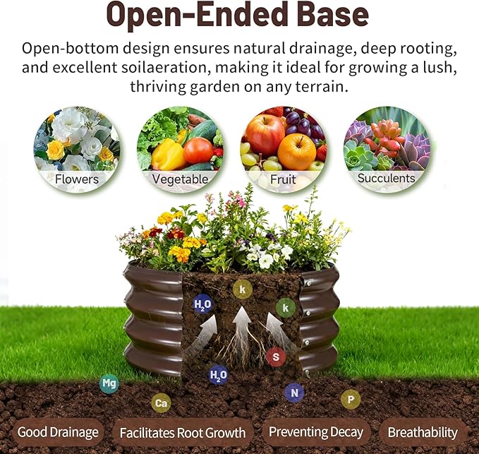 GOOZOO 2PC Galvanized Planter Raised Garden Beds, 2x2x1ft Raised Garden Bed Kit for Gardening Outdoor, Round Metal Land Planter Box for Vegetables, Fruits, Flowers（Brown）