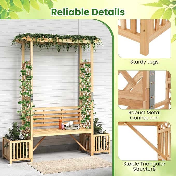 Giantex Outdoor Bench with Garden Arbor & 2 Planter Boxes, Wooden Trellis for Climbing Plants & Vines, Outside Pergola for 2-People Seating, Decoration for Porch, Patio, Yard