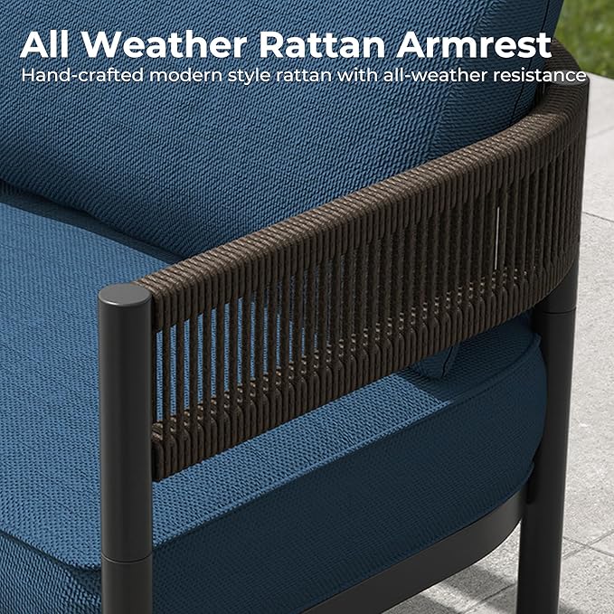 Grand patio 6-Piece Outdoor Furniture Set, 6 Seats Wicker Sofa Conversation Set with Thick Cushions and Coffee Table, for Backyard, Balcony, Garden (Peacock Blue)