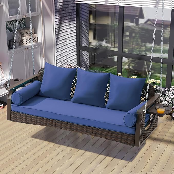 3 Seat Porch Swing, Wicker Patio Swing with Cup Holders & 3 Back Cushions, Yard Swing with Chains for Deck Garden Backyard,Brown Rattan, Blue Cushion, 56-inch