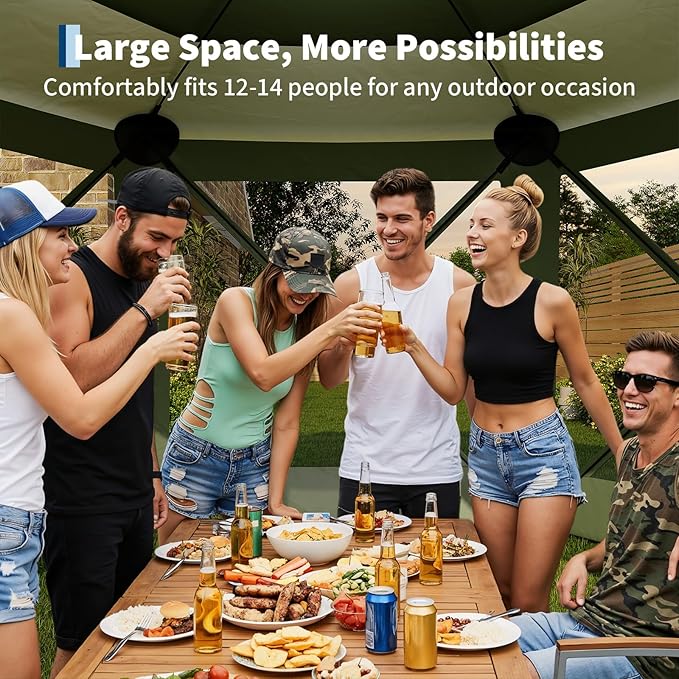 13x13FT 6-Sided Pop Up Gazebo Tent，One-Push Setup Canopy Tent with Removable Canopy Top & Wind Cloths, Outdoor shelter for Camping, Backyard Parties, Outdoor Events - Army Green