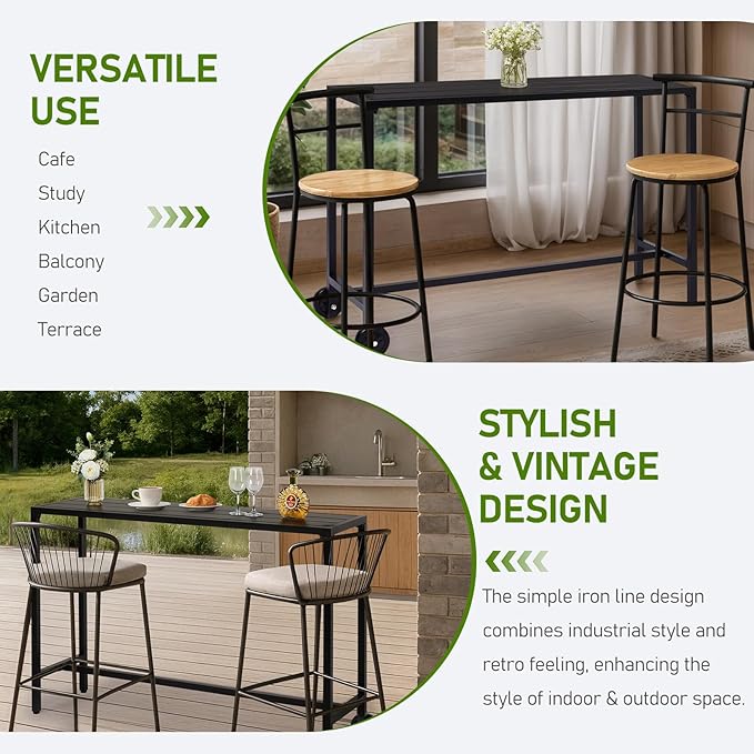 Outvita Outdoor Bar Table, 37" Height Wheeled Patio Pub Table with Waterproof Frame and Adjustable Foot for Hot Tub, Patio, Backyard, Balcony, Hallway, Bistro Rectangle, Black