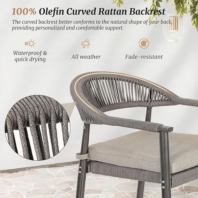 5-Piece Outdoor Patio Furniture Set, 4 Rattan Bar Stools with Footrest & 1 Table, Aluminum Frame with Removable Cushions, Grey