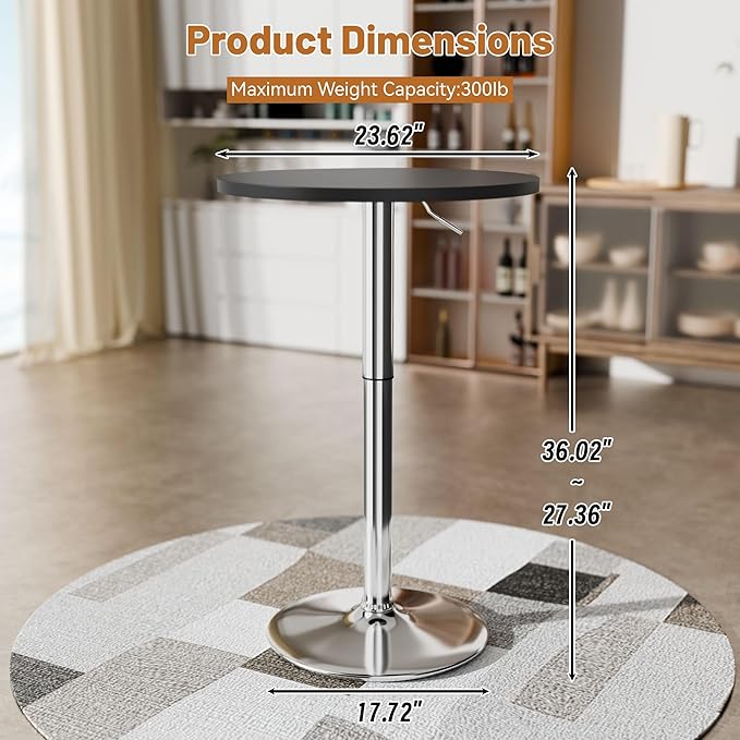 Flamaker Round Bistro Pub Table 23.6 Inch Height Adjustable 360° Swivel Bar Table Metal Base for Pub, Dining Room, Party (4, Black-Silver)