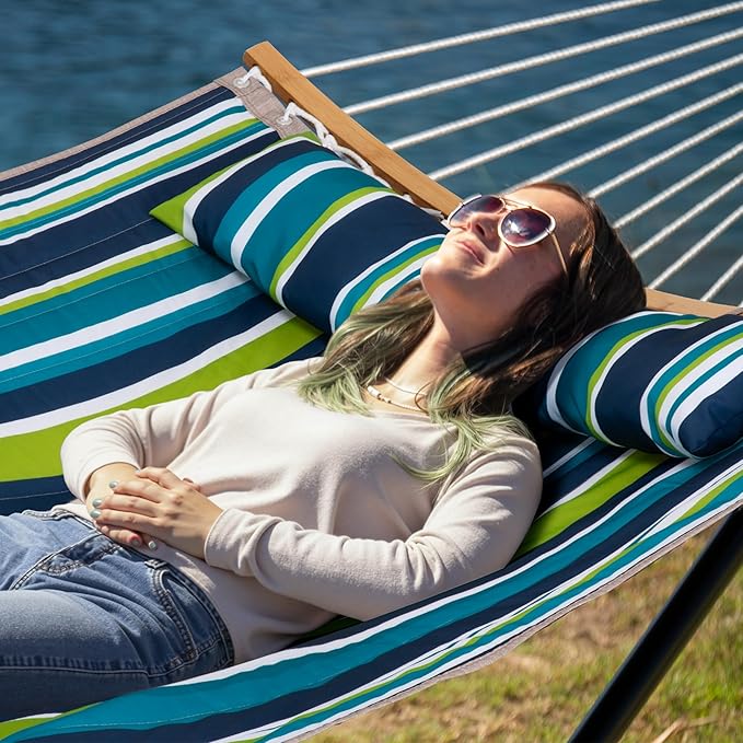 Hammock with Stand for Outside, Double Hammock with Stand, Pillow and Portable Bag, 450 Lbs Capacity, Green Blue Stripes