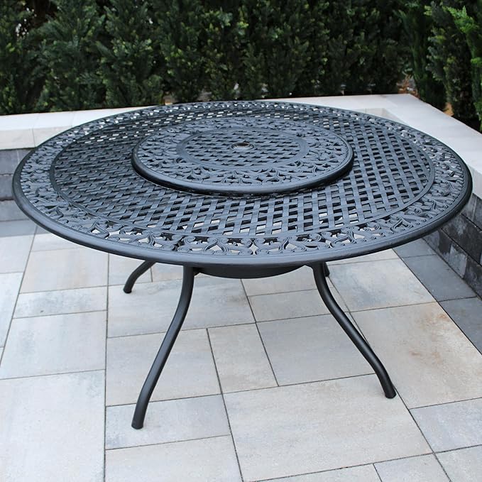 Oakland Living Ornate Outdoor Mesh Aluminum 59-in Black Large Round Patio Dining Table with Lazy Susan