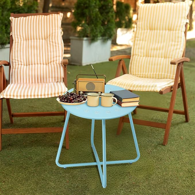 danpinera Outdoor Side Tables with Flower Cut Outs, Weather Resistant Steel Patio Side Table, Small Round Outdoor End Table Metal Side Table for Patio Yard Balcony Garden Blue