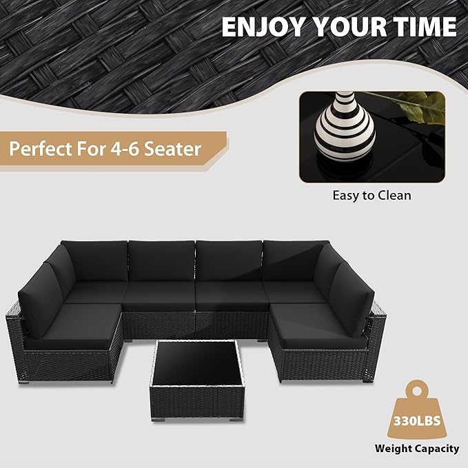 KIGOTY Patio Furniture Set,7 Pieces Modular Outdoor Sectional Sofa, PE Rattan Patio Conversation Set, All Weather Wicker Patio Furniture with Cushions and Coffee Table（Black/Black）