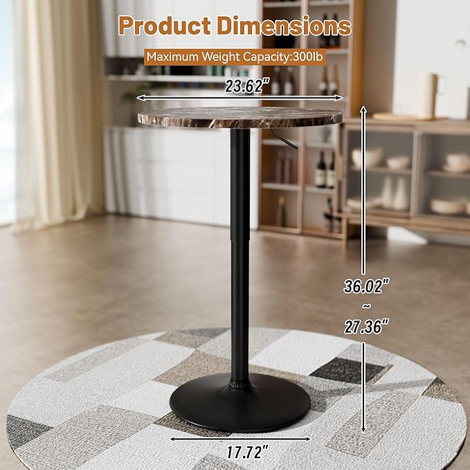 Flamaker Round Bistro Pub Table 23.6 Inch Height Adjustable 360° Swivel Bar Table Metal Base for Pub, Dining Room, Party (4, Marble-Black)