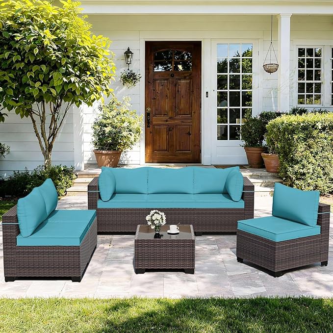 ALAULM Patio Furniture Set with Coffee Table, 7 Pieces Outdoor Sectional with Wide Seat and Thick Cushion, All Weather Wicker Rattan Conversation Set for Backyard, Garden, Deck, Turquoise