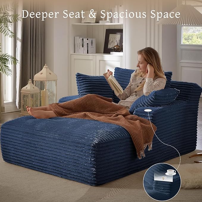 66" Chaise Lounge Chair Indoor, Oversized Boneless Couch Comfy Upholstered Sleeper Sofa Bed with 3 Pillows, Corduroy Cloud Reading Chair for Living Room No Assembly Required, Blue