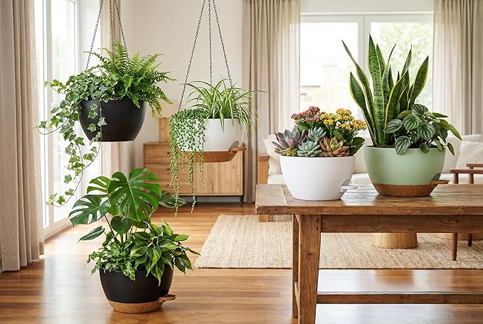 Hanging Planters, 3-Pack 10 Inch Self-Watering Pots with Drainage Holes and Chains, Matte Plastic Planters for Indoor/Outdoor Plant（Green Brown）