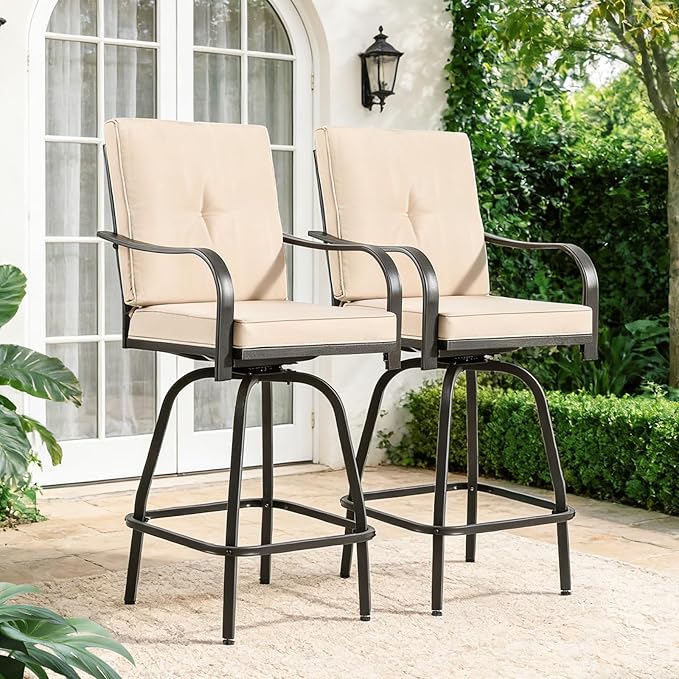 Patio Swivel Bar Stools, Outdoor Bar Height Swivel Chairs Set of 2 with Cushion & All Weather Steel Frame for Backyard, Lawn, Poolside and Balcony, Beige
