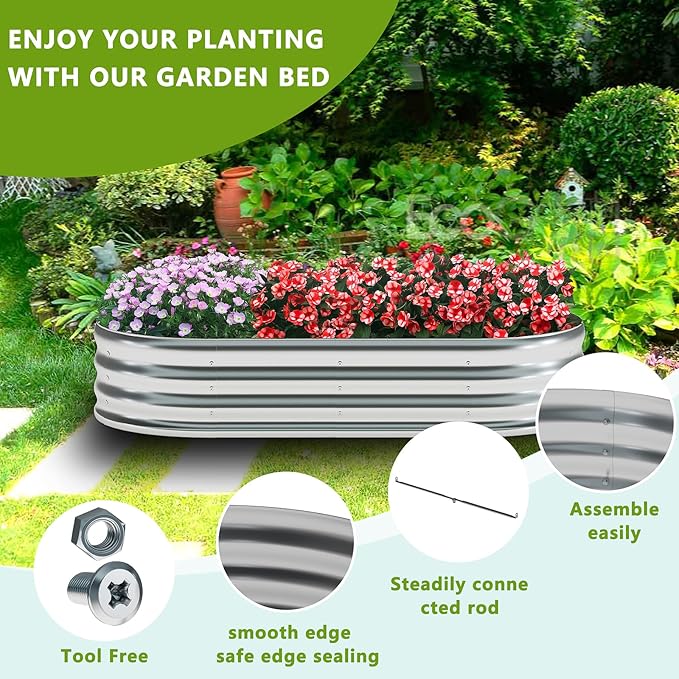 zizin 2 Pack Oval Galvanized Raised Garden Bed Kit 6x3x1ft Large Metal Planter Box for Outdoor Vegetables, Silver