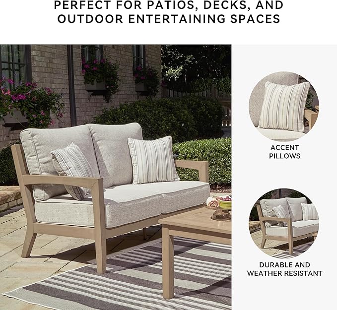 Signature Design by Ashley Hallow Creek Cottage Nuvella Weather Resistant Fabric Outdoor Loveseat with Cushion and 2 Throw Pillows, Light Brown & Beige