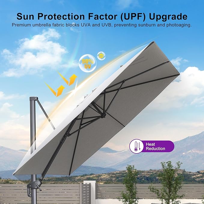 PURPLE LEAF Patio Umbrella 9' X 9' Rectangle Cantilever Umbrella Large Aluminum Outdoor Umbrellas with 360-degree Rotation & UPF40+ Premium Fabric for Deck Pool Garden Yard, Pebble Grey