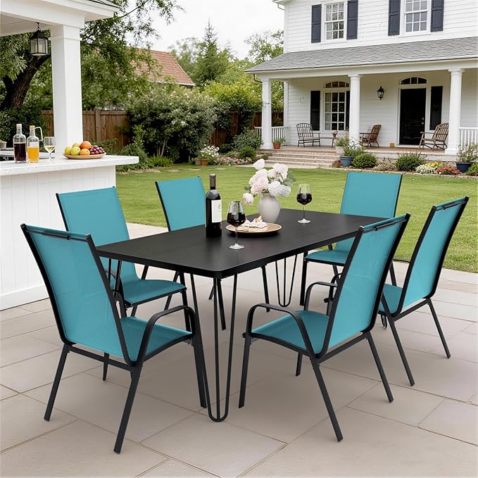 JEAREY Patio Dining Chairs Set of 6, Outdoor Stackable Dining Furniture Set, All Weather Dining Set for Lawn, Garden, Backyard, Poolside, Peacock Blue