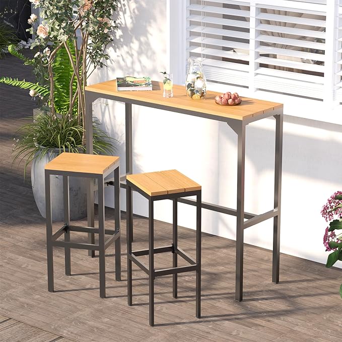 AECOJOY 3-Piece Outdoor Bar Set, Patio Bar Height Table and Chairs Set 47" Rectangular Pub Height Bar Table with 2 Bar Stools Patio Pub Bar Set for Balcony, Porch