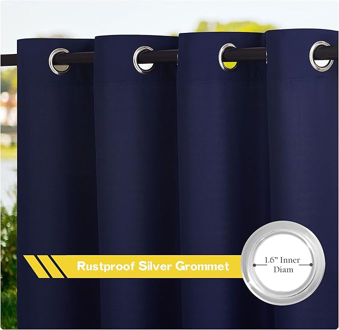 NICETOWN Canvas Outdoor Curtains for Patio Waterproof Extra Long 108" Length, 2 Panels Thermal Insulated Top and Bottom Grommet Privacy Vertical Drapes for Porch/Gazebo, 55" Wide, Dark Blue