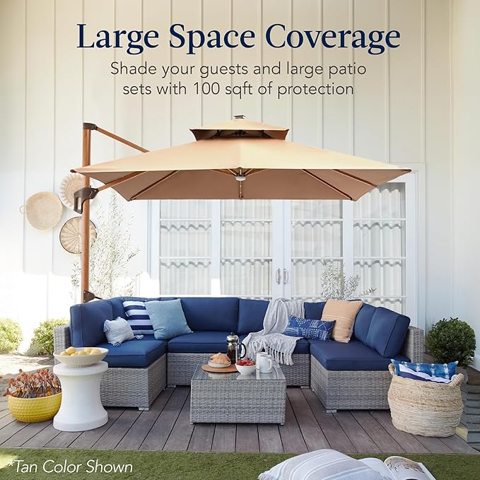 Best Choice Products 10ft Square Cantilever Patio Umbrella w/Base Included, Woodgrain Pattern Pole & Solar LED Lights, 360-Rotation, Offset Hanging Outdoor Shade - Sky Blue
