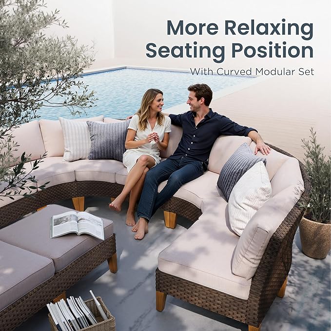 PHI VILLA 7-Piece Wicker Patio Furniture Set, Outdoor Half-Moon Curved Sectional Sofa with Thick Beige Cushions, 4 Ottomans, Large Conversation Seating for Garden or Backyard