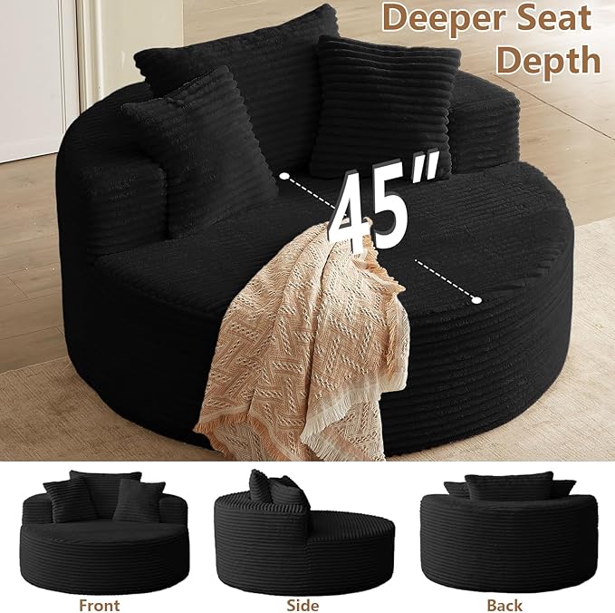 Oversized Round Chair Lounge Chaise Indoor, Upholstered Corduroy Deep Seat Cloud Large Circle Sofa Chair, No Assembly Required, Fluffy Modern Sleeper Sofa Bed for Reading, Dark Black