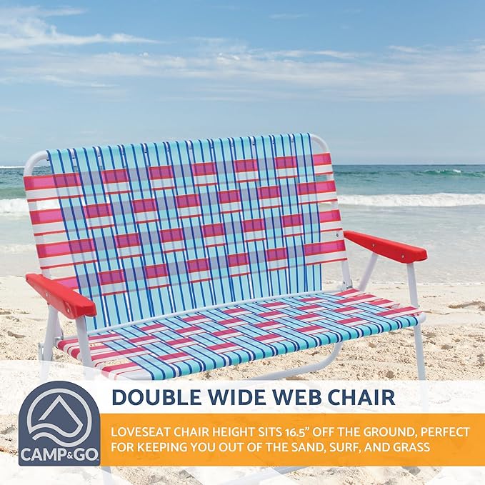 Camp & GO 16.5" High Seat Outdoor Double Wide Loveseat Web Folding Chair, Blue/Red
