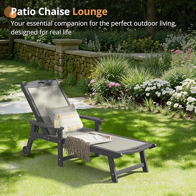 LUE BONA Chaise Lounge Chair Outdoor Set of 2, HDPS and HDPE Wicker Material, Patio Chaise Lounge with Adjustable Backrest, Resin Pool Lounge Chairs with Wheels for Backyard, Poolside and Deck
