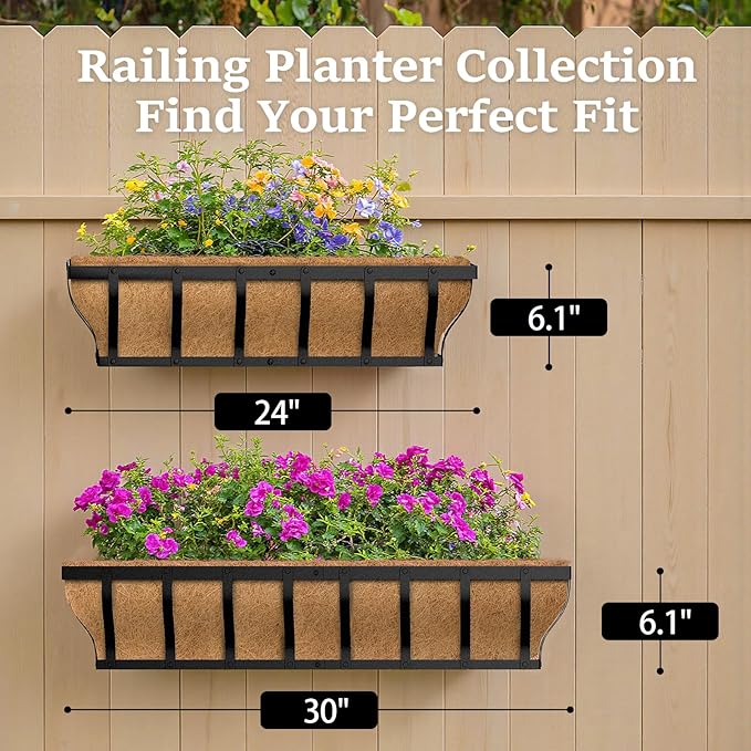 Railing Planter Boxes, Heavy Duty Window Box Planters, Adjustable Balcony Planters for Railing Hanging, with Coco Liner & Support Rod for Deck, Porch, and Patio Gardening (2 Pack, 24 Inch)