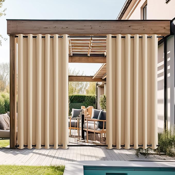 NICETOWN 2 Panels Outdoor Curtains Extra Wide Waterproof & Windproof, Rustproof Top & Bottom Grommet Thermal Insulated Weighted Blackout Heat & Voice Reducing for Patio, W84 x L84, Biscotti Beige