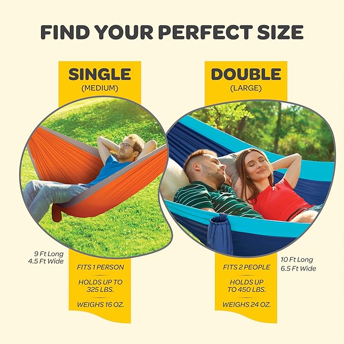 Durable Hammock 400 lb Capacity, Nylon Camping Hammock Chair - Double or Single Sizes w/Tree Straps and Attached Carry Bag - Portable for Travel/Backpacking/Beach/Backyard (Medium, American Flag)