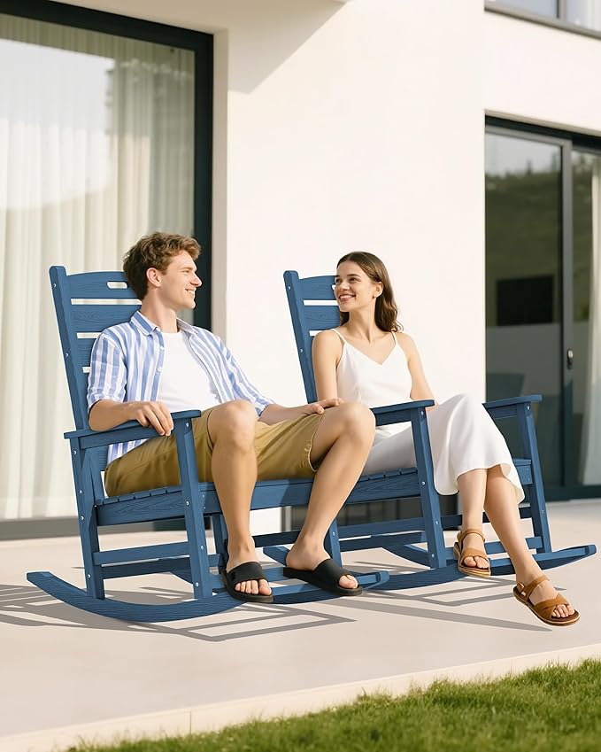 SERWALL Outdoor Rocking Chair Set of 4, Oversized HDPE Patio Rocking Chair with Footrest for Adults, All Weather Porch Rocker for Deck Patio Balcony, Navy