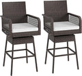 ORALNER Outdoor Wicker Swivel Bar Stools Set of 2, 29" Bar Height Patio Rattan Dining Chair with Armrests, Footrest & Seat Cushion, Metal Frame, for Backyard, Porch, Poolside, Deck (2, White)